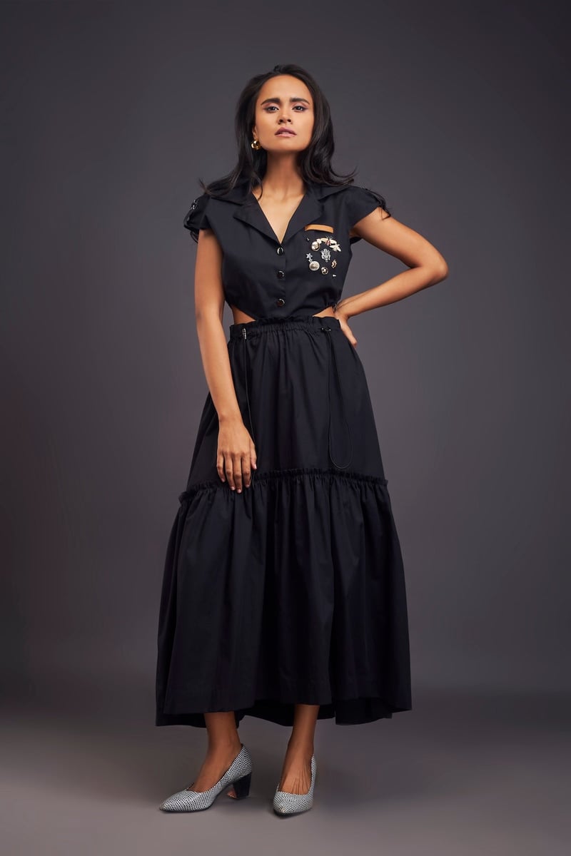 Black Lapel Collar Midi Dress with Side Cutouts