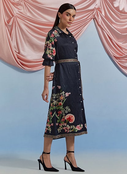 Black Linen Satin Midi Shirt Dress with Floral Embroidery