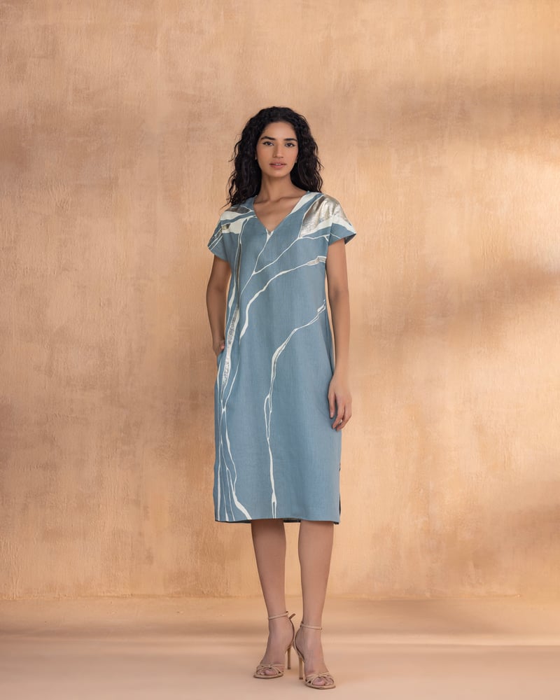 Charcoal Abstract Print Linen Midi Shift Dress