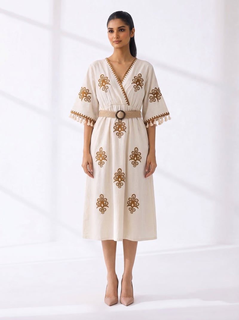 Natural Taba Embroidered Belted Midi Dress — ROBIN