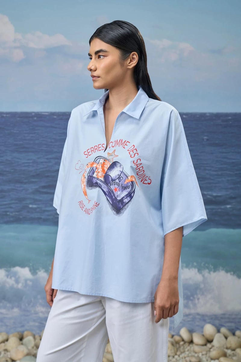 Oversized Polo-Collar Shirt - Light Blue