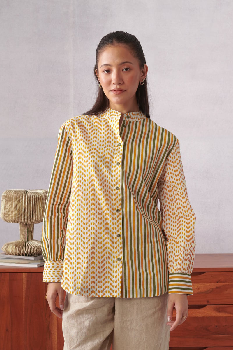 Multicolor Cotton Striped and Geometric Mandarin Collar Shirt