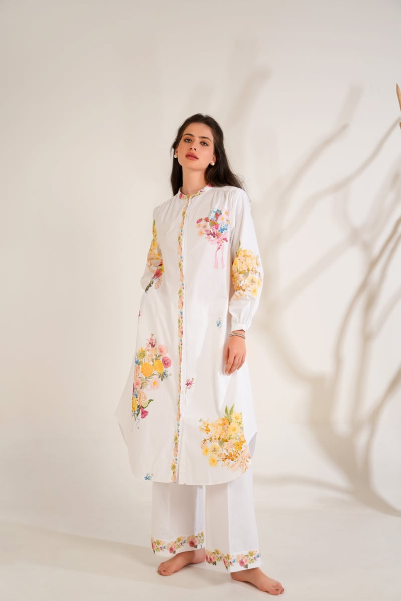 White Floral Printed Kurta and Trouser Set