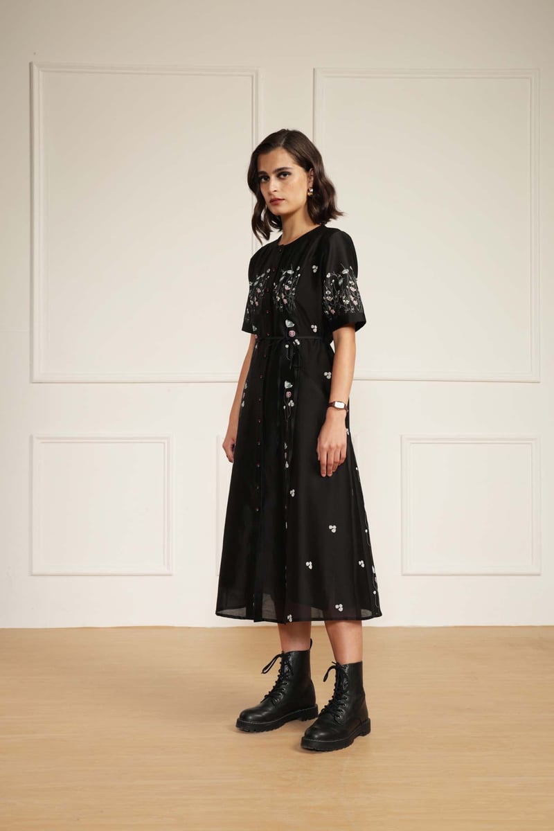 Black Silk Chanderi Floral Print A-Line Midi Dress — Arcvsh Pallavi Singh