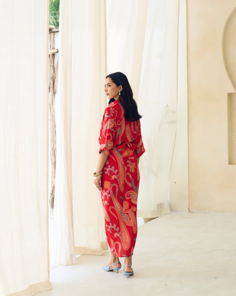 Red Paisley Wrap Midi Dress with Twist-Knot Waist