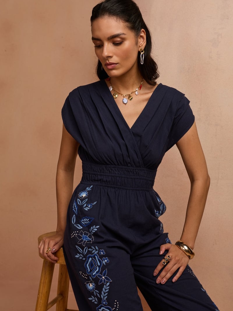 Blue V-Neck Smocked Waist Embroidered Jumpsuit