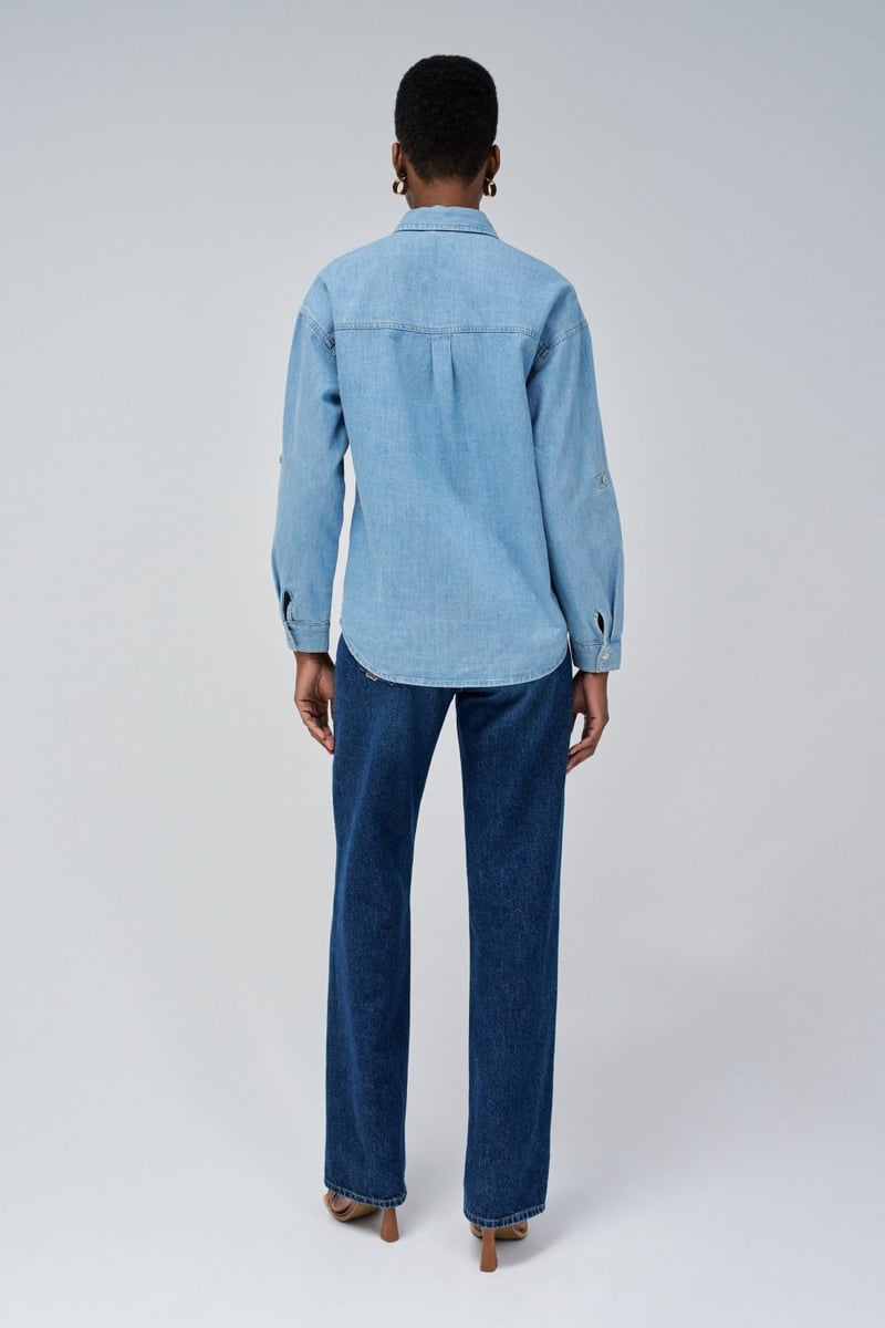 Light Blue Denim Button-Down Shirt with Patch Pockets