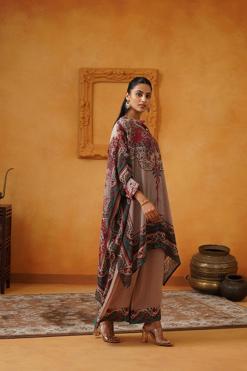 Printed Kaftan Top and Wide-Leg Pants Co-ord Set