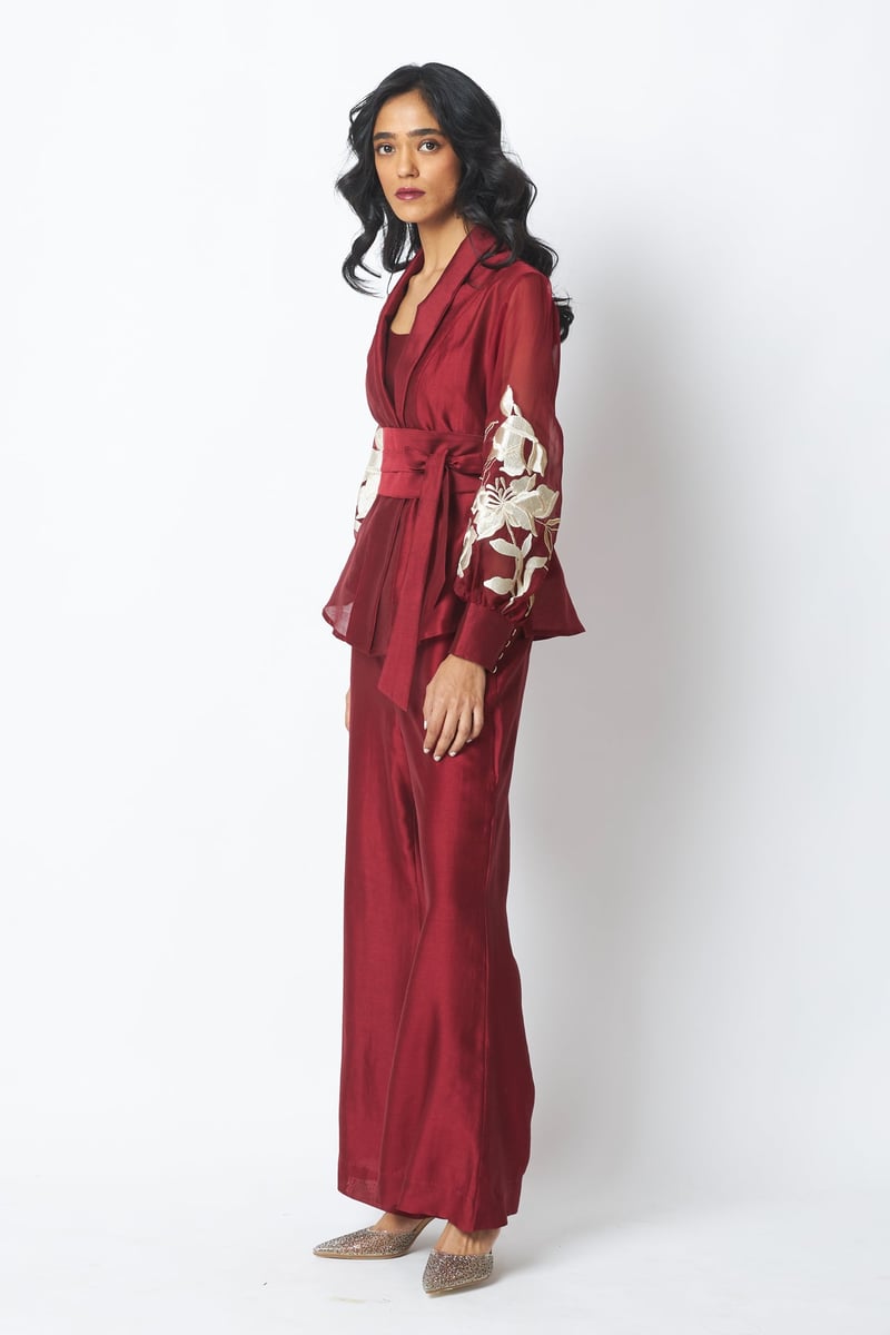 Burgundy Wrap Blazer Top and Wide-Leg Pants Co-ord Set