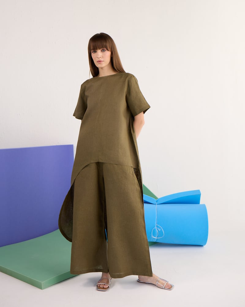 Pine Green Linen Co-ord Set with Asymmetric Tunic Top