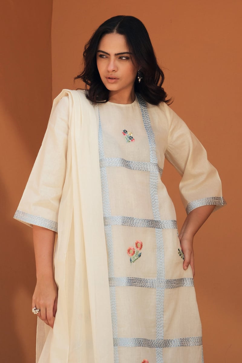 Off-White Mul Mul Kurta Set with Blue Grid Embroidery