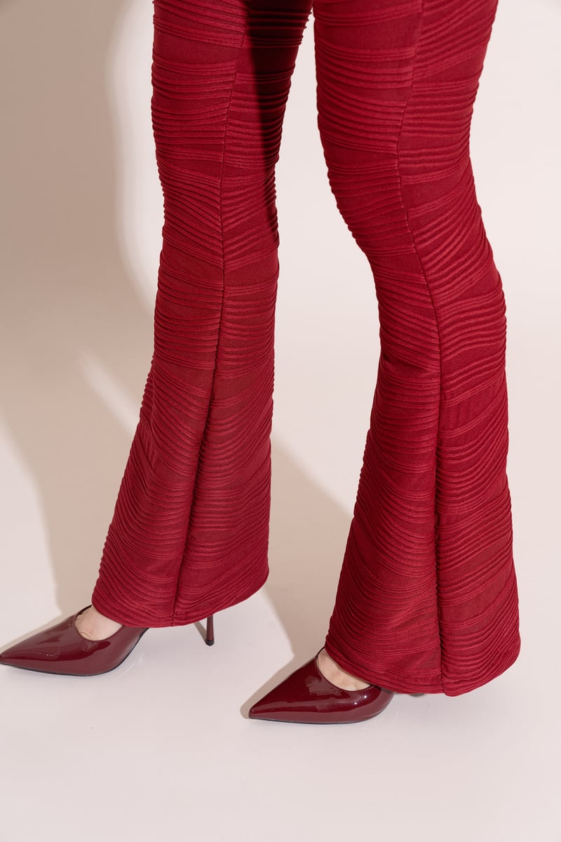 Red Plissé High-Waist Bell Bottom Pants