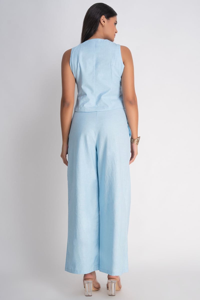 Blue Linen Waistcoat and Wide-Leg Pants Co-ord Set
