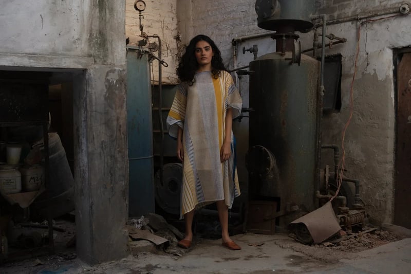 Blue and Mustard Striped Cotton Kaftan