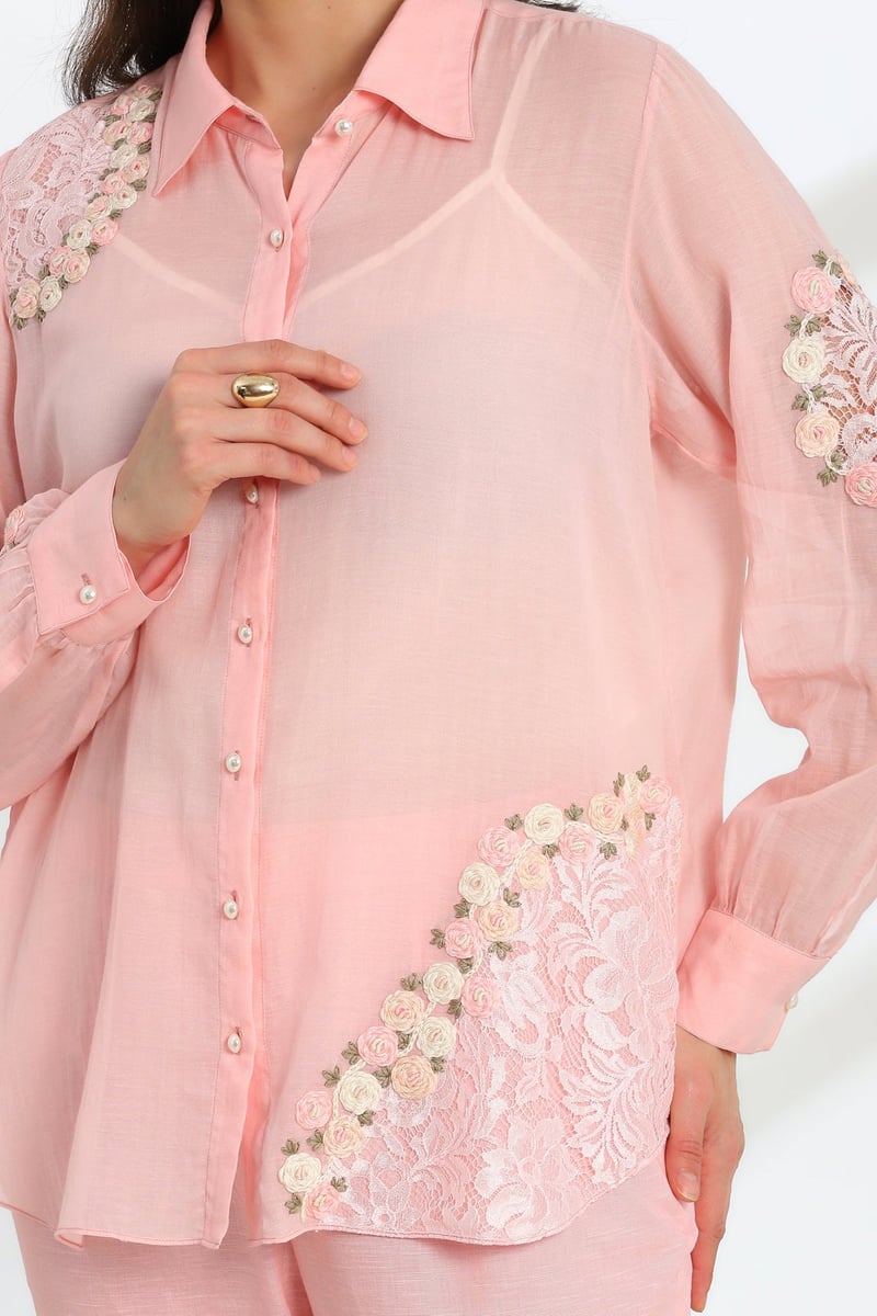 Blush Pink Sheer Mul Chanderi Shirt With Lace Detail