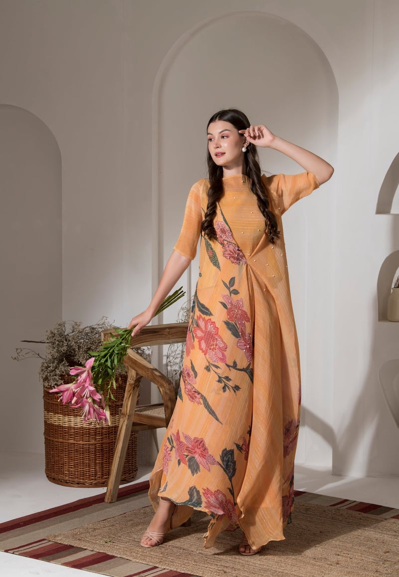Golden Yellow Floral Kaftan Kurta Palazzo Co-ord Set