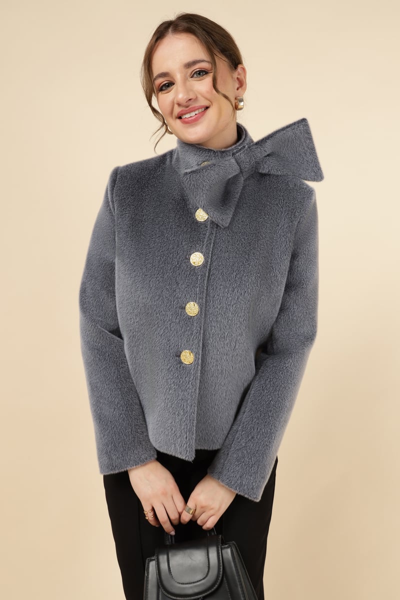 Grey Plush Bow-Collar Button-Front Jacket — H&G DESIGN