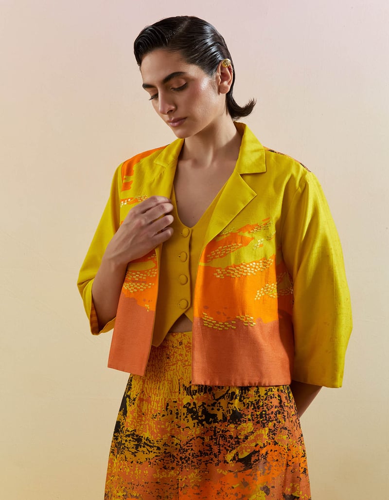 Yellow Colorblocked Jacket and Abstract Skirt Co-ord Set