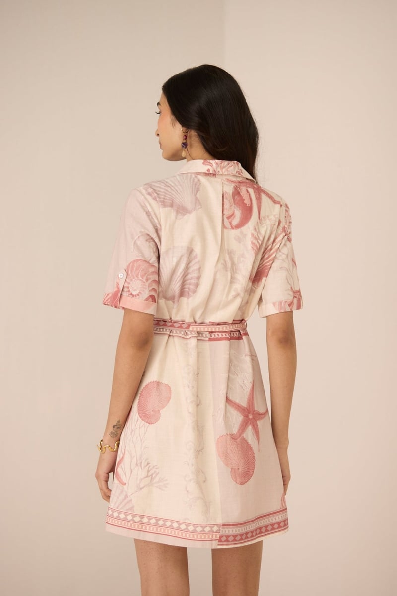 Marine Mauve Sea-Life Print Mini Shirt Dress