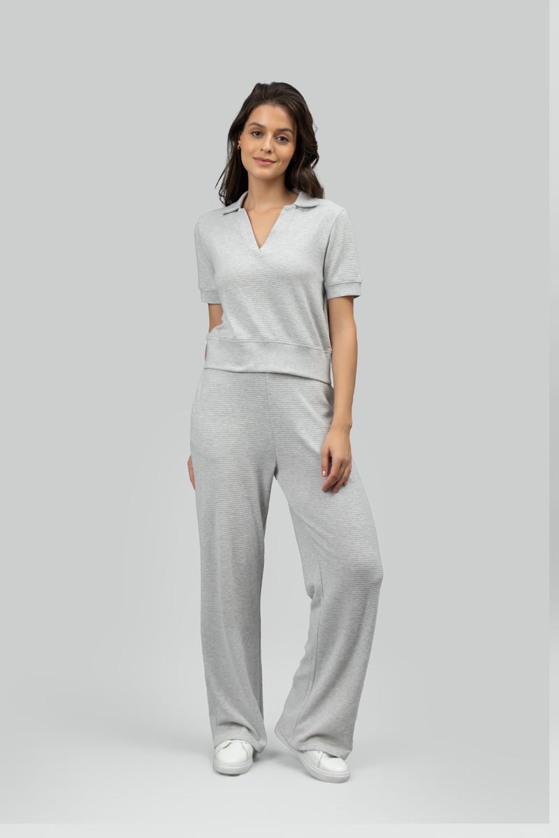 Grey Ottoman Rib Wide-Leg Lounge Pants