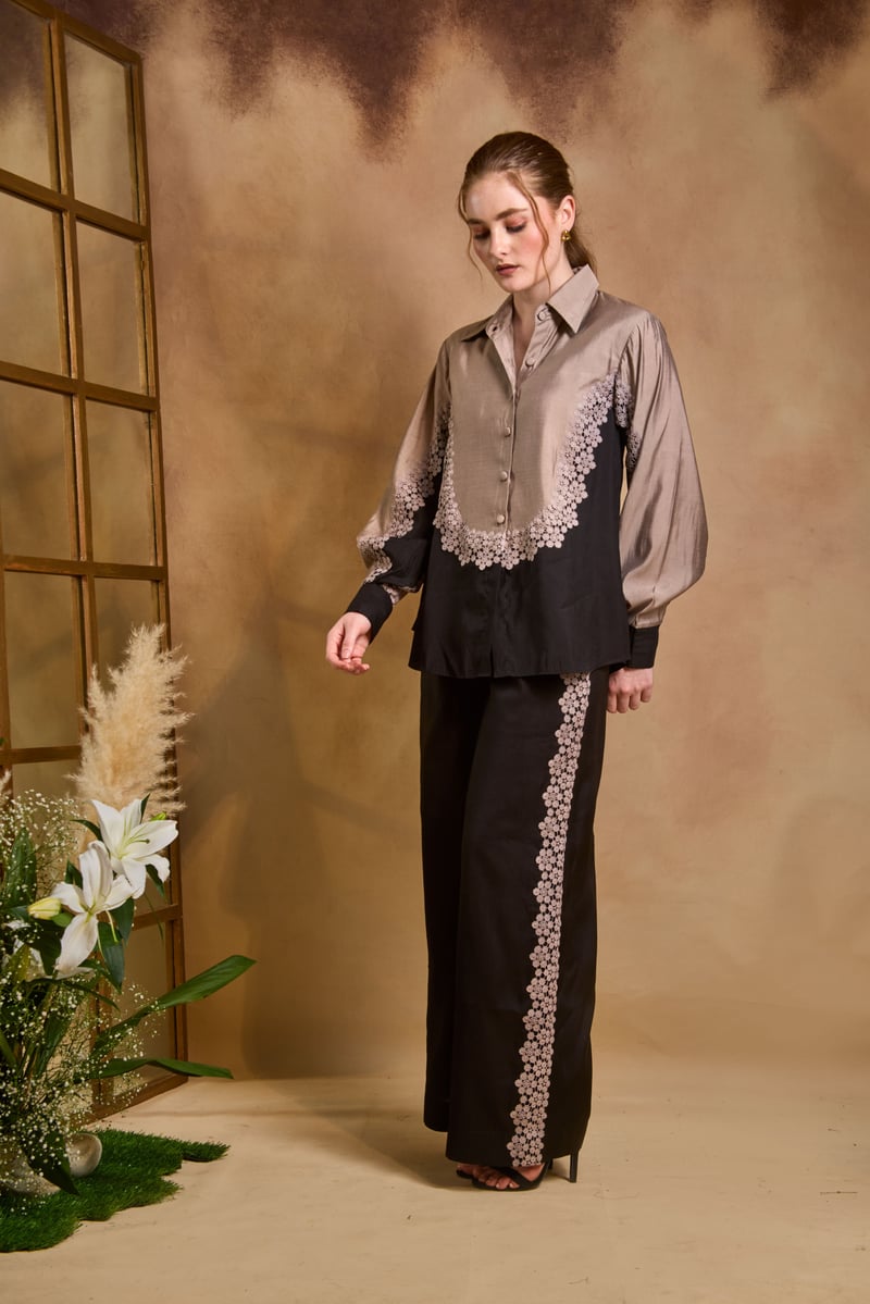 Black and Copper Embroidered Shirt and Trouser Co-ord Set — An'era by Asmita Verma