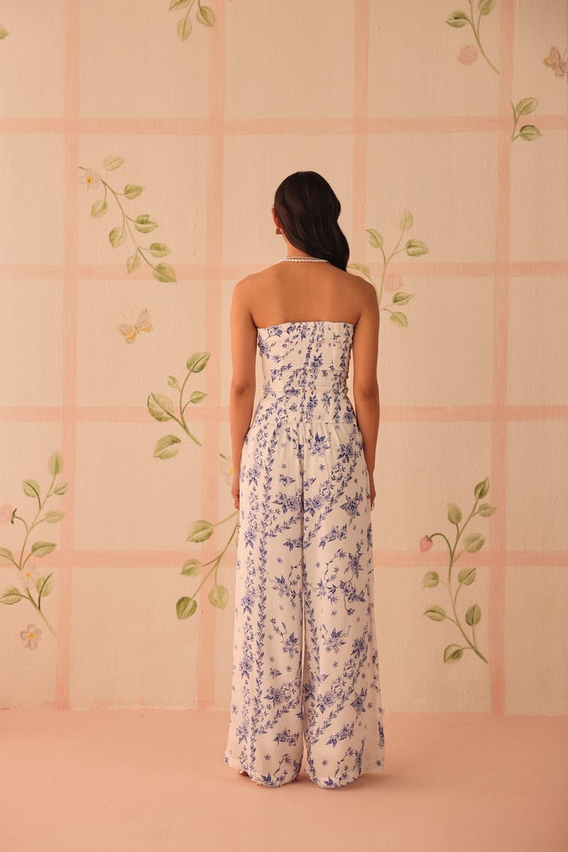 White/Blue Floral Wide-Leg Crepe Trousers