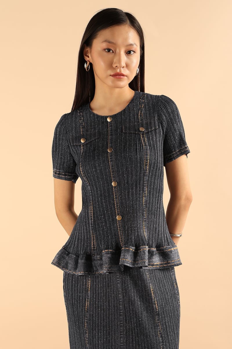 Black Button-Front Peplum Top and Maxi Skirt Co-ord Set — Pleats by Aruni