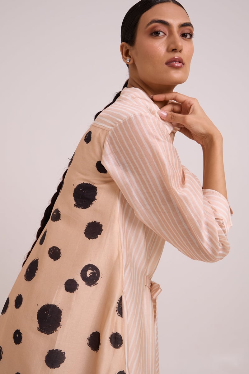 Almond Mixed-Print Midi Shirt Dress with Tie Belt