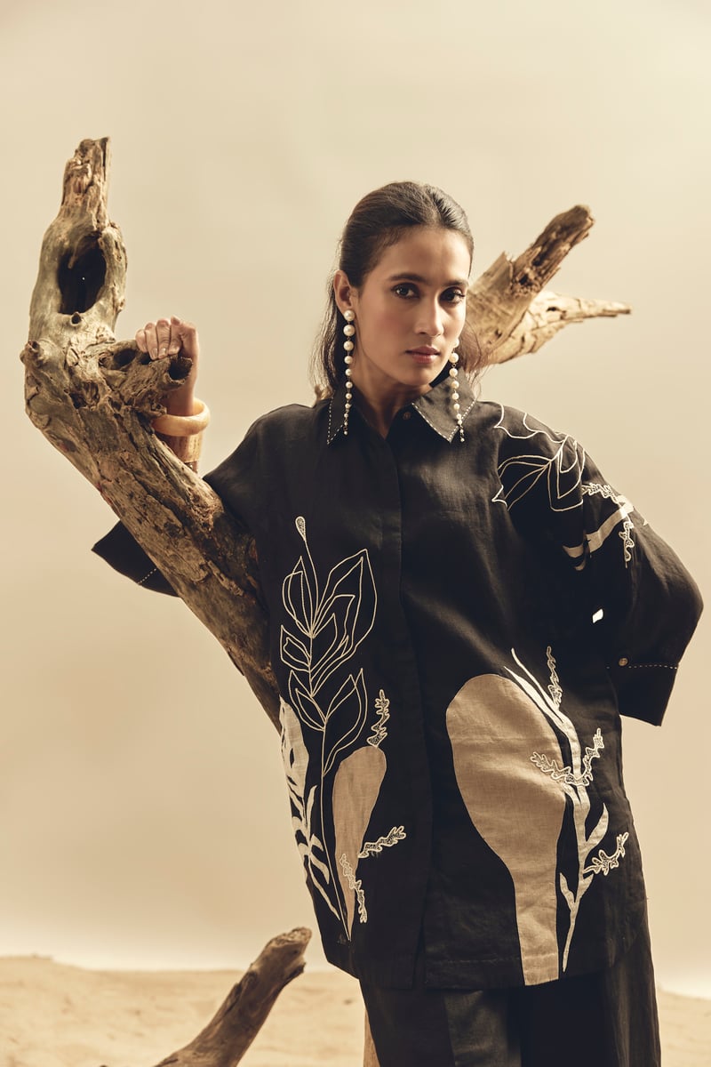 Black Linen Shirt with Botanical Placement Motif
