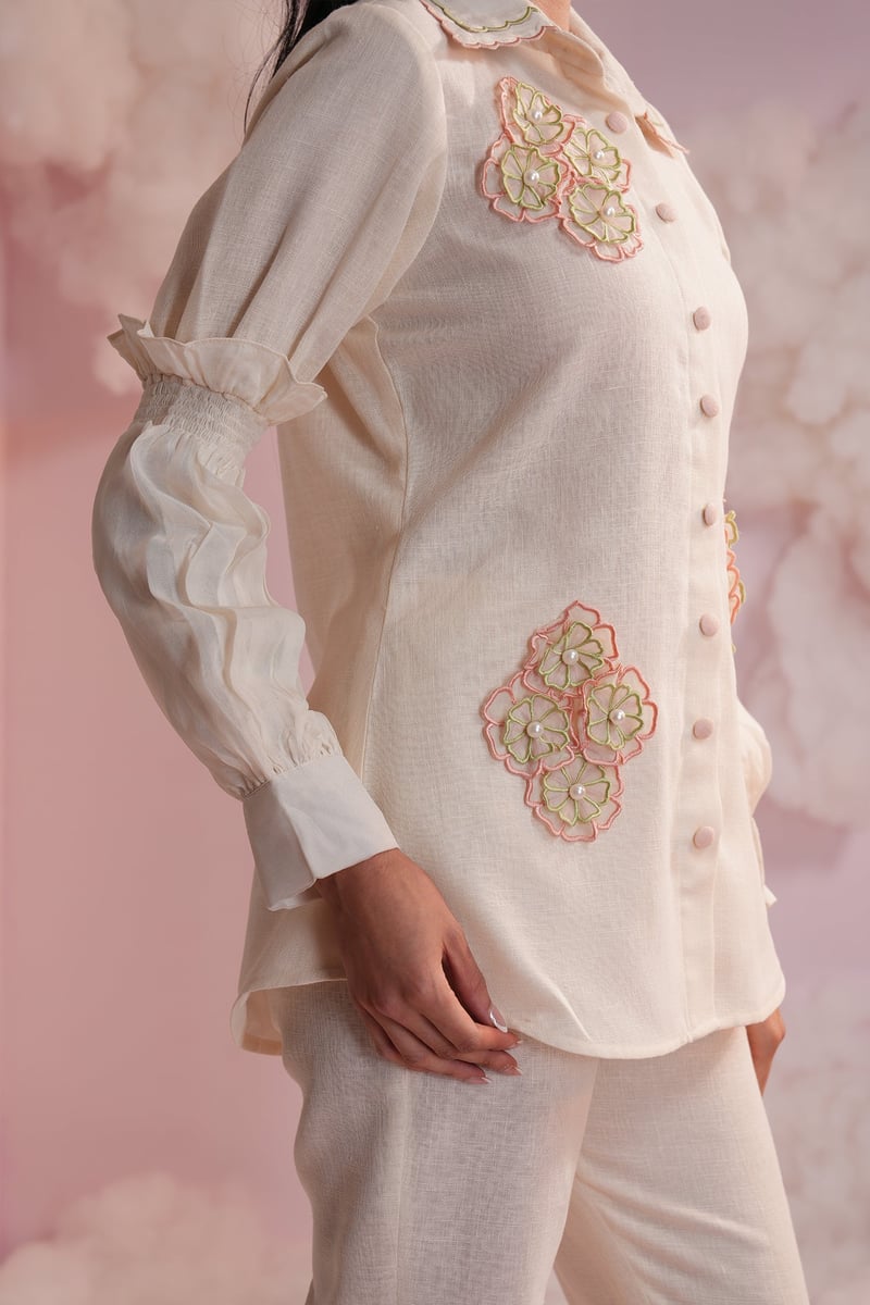 Cream Shirt and Bell-Bottom Co-ord Set