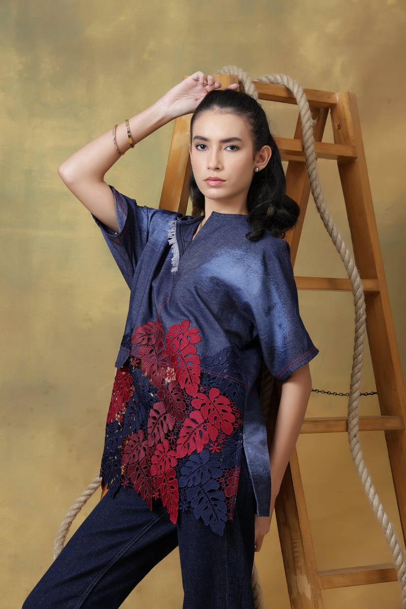 Dark Denim Oversized Top with Burgundy Lace Panel