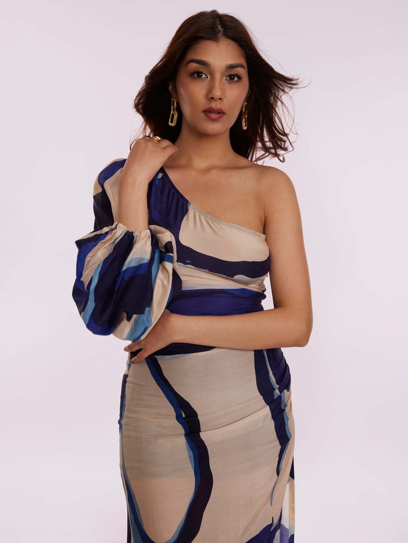 Blue Abstract One-Shoulder Maxi Dress with Balloon Sleeve