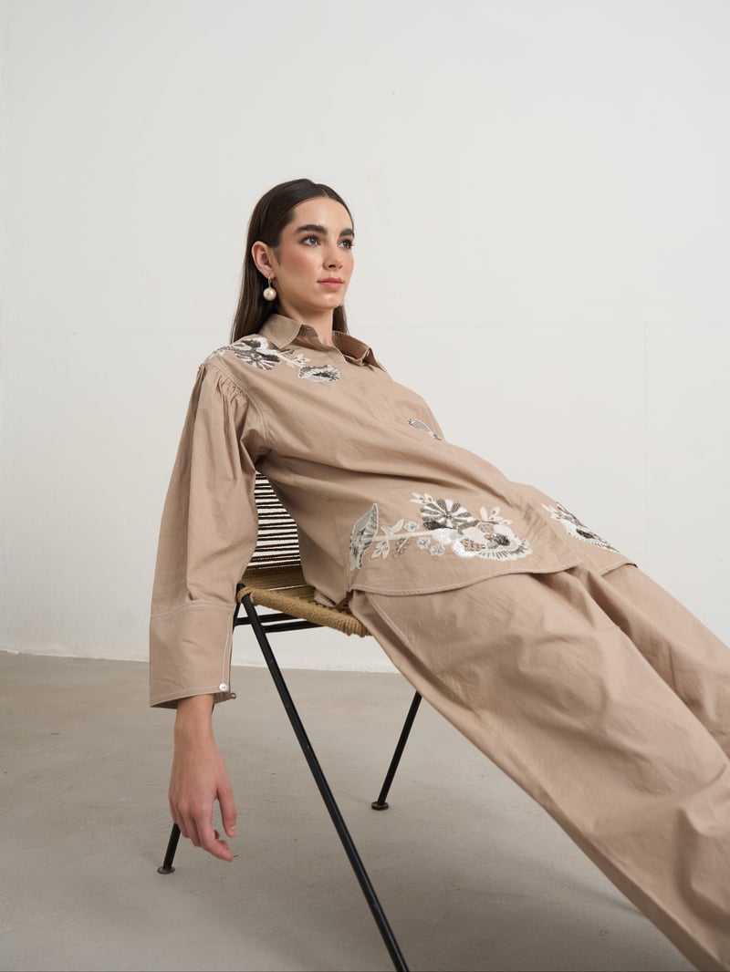 Beige Embroidered Cotton Shirt and Pants Co-ord Set