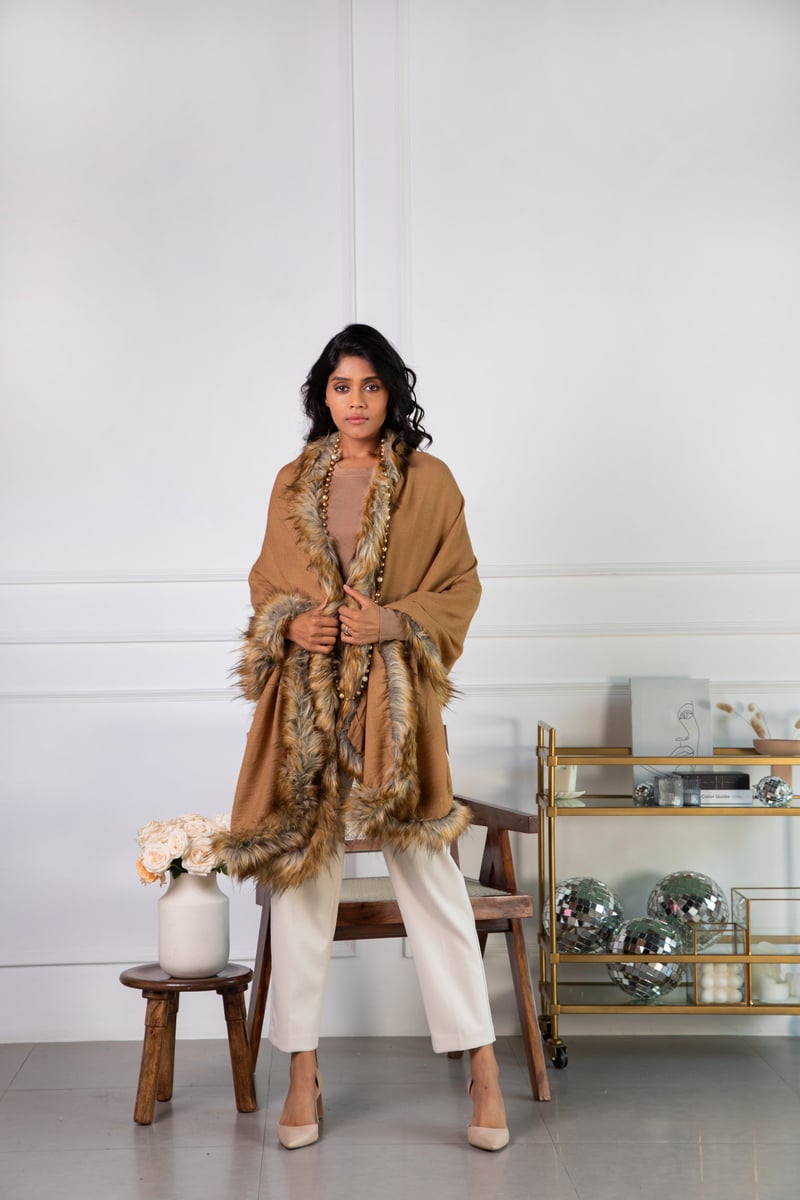 Ochre Wool Stole with Faux-Fur Border Trim