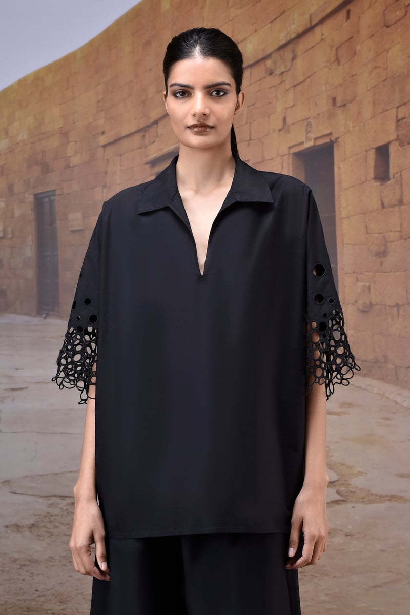 Black Poplin Shirt with Cutwork Embroidered 3/4 Sleeves