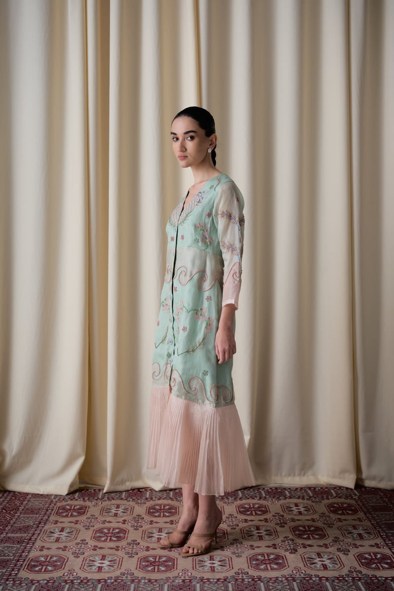 Mint Green and Peach Embroidered Silk Organza Midi Dress
