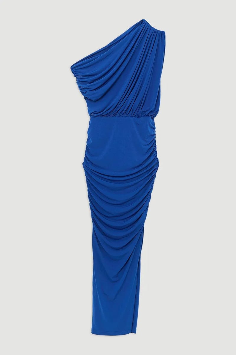 Cobalt One-Shoulder Ruched Midi Dress with Slit