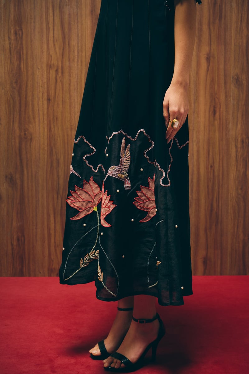 Black A-Line Midi Dress with Embroidered Organza Hem