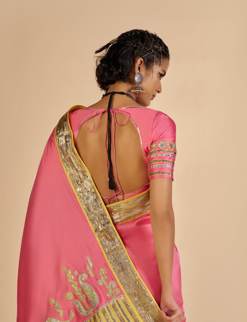 Pink Silk Chanderi Saree with Yellow Pallu and Gold Border