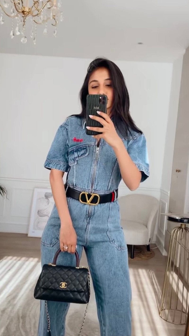 Blue Washed Denim Zip-Front Belted Jumpsuit