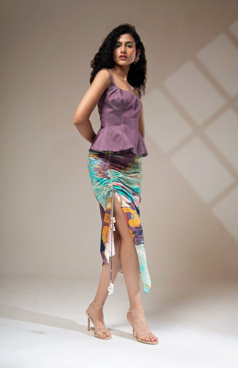 Multicolour Peplum Top and Ruched Midi Skirt Co-ord Set