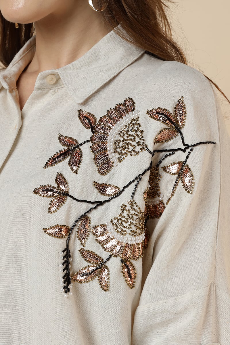 Natural Beige Embellished Longline Shirt