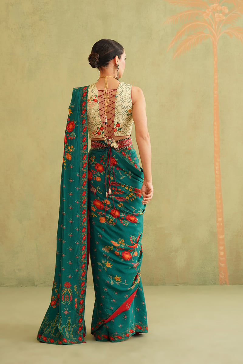 Green and Cream Pre-Draped Bemberg Crepe Saree Set