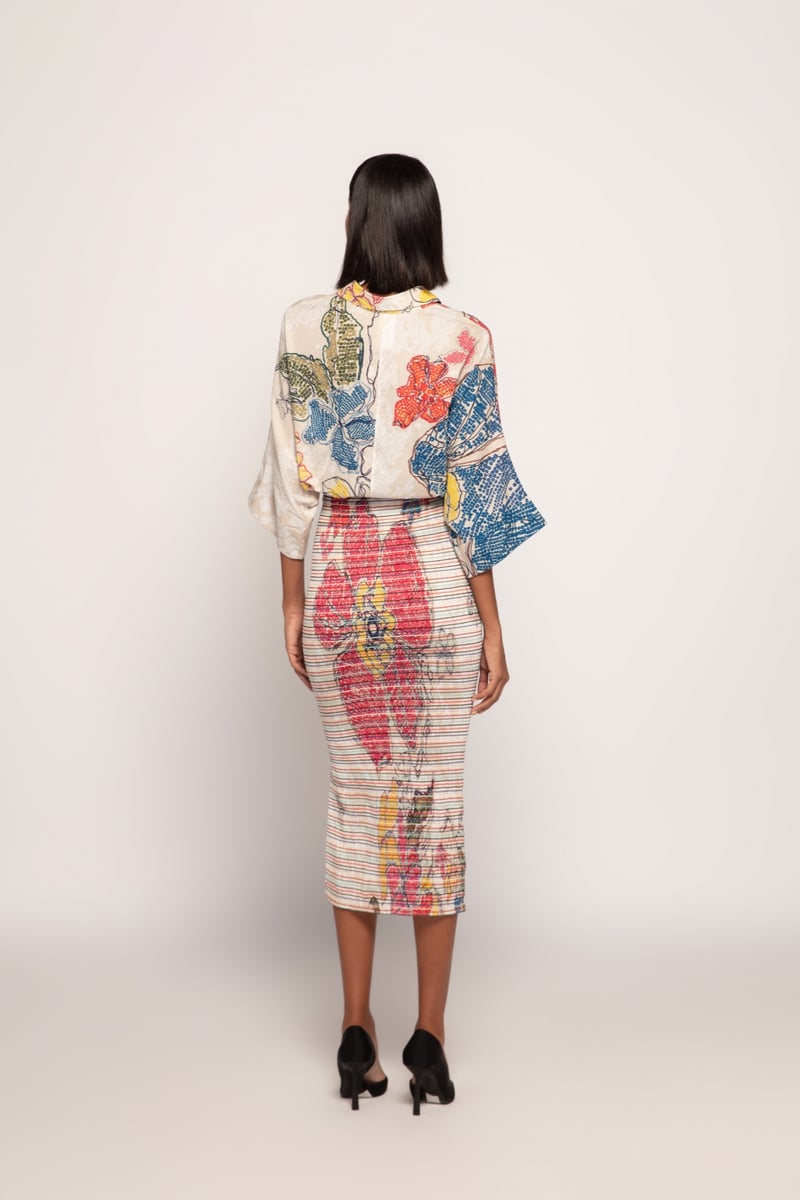 Ivory/Multi Bandhani Print Pencil Midi Skirt