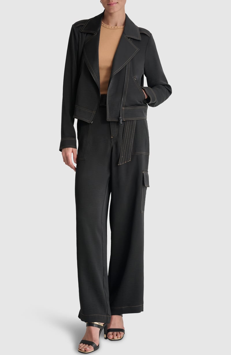 Black Cropped Zip-Front Lapel Collar Jacket