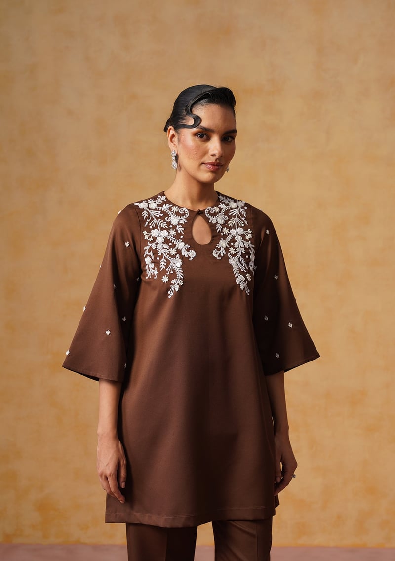 Chocolate Brown Embroidered Tunic and Flared Pants Co-ord Set