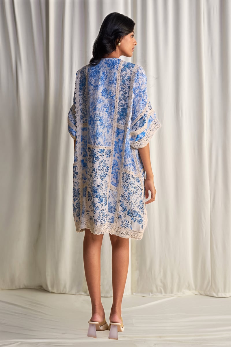 Blue and White Porcelain Print Patchwork Mini Dress