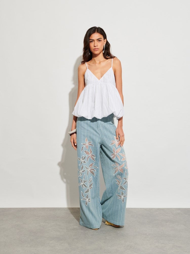 Washed Blue High-Waist Wide-Leg Cutwork Denim Jeans