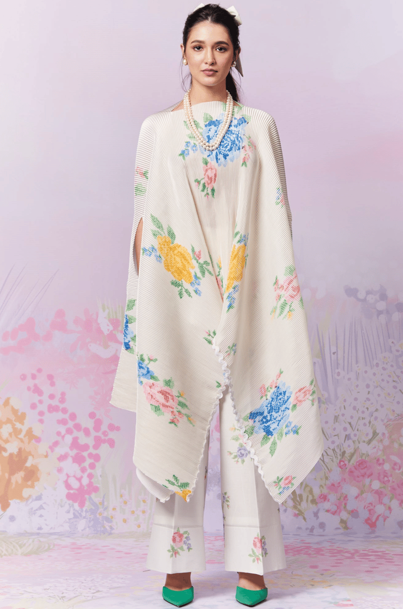 Ivory Pleated Satin Cape with Floral Motifs