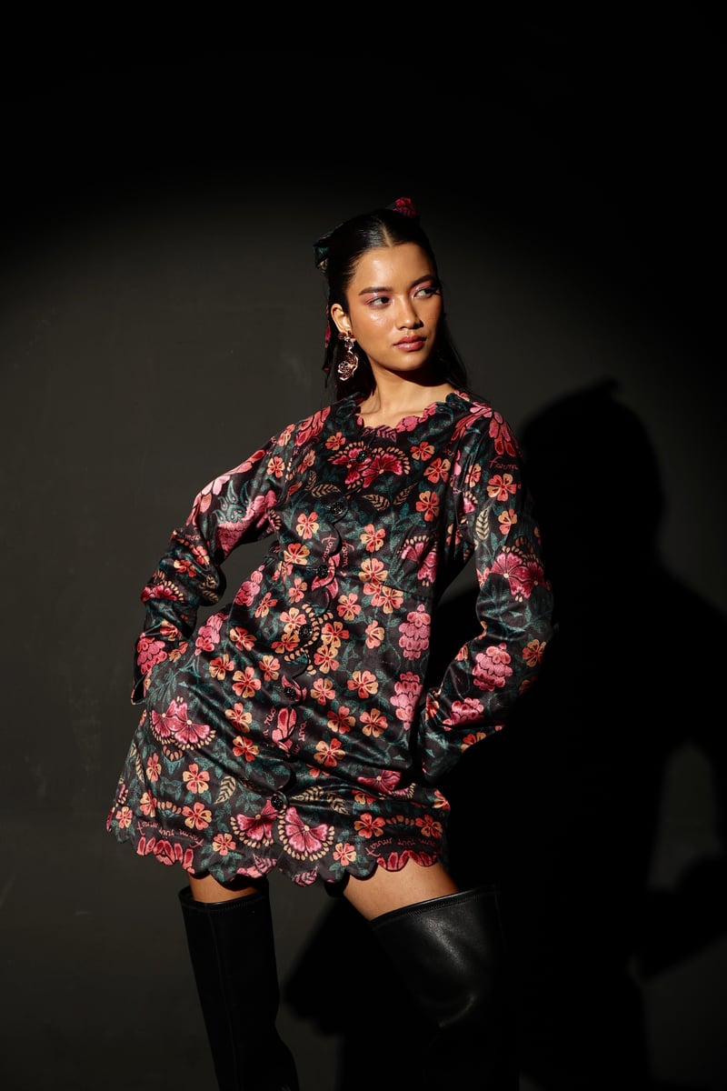 Black Velvet Floral Scalloped Button-Front Jacket